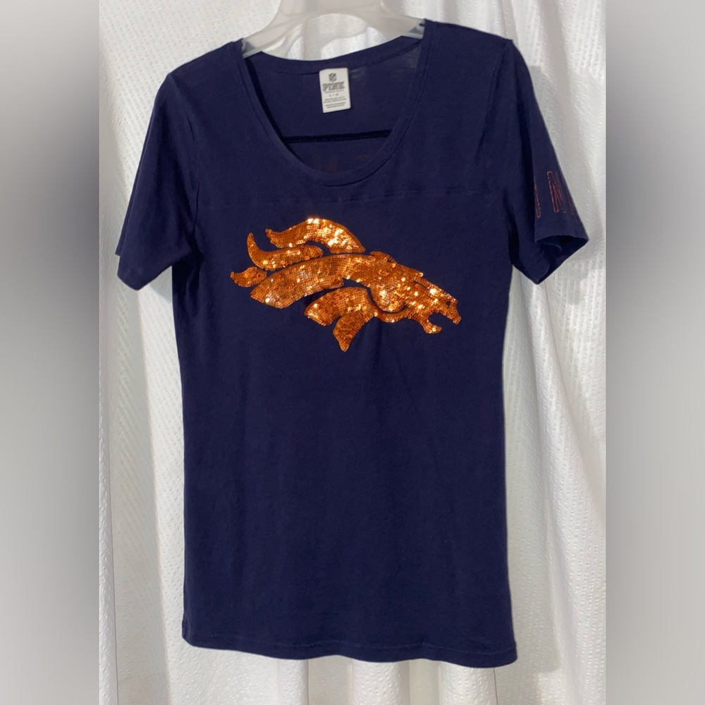 PINK Victoria's Secret Navy Tee with Orange Sequin Logo